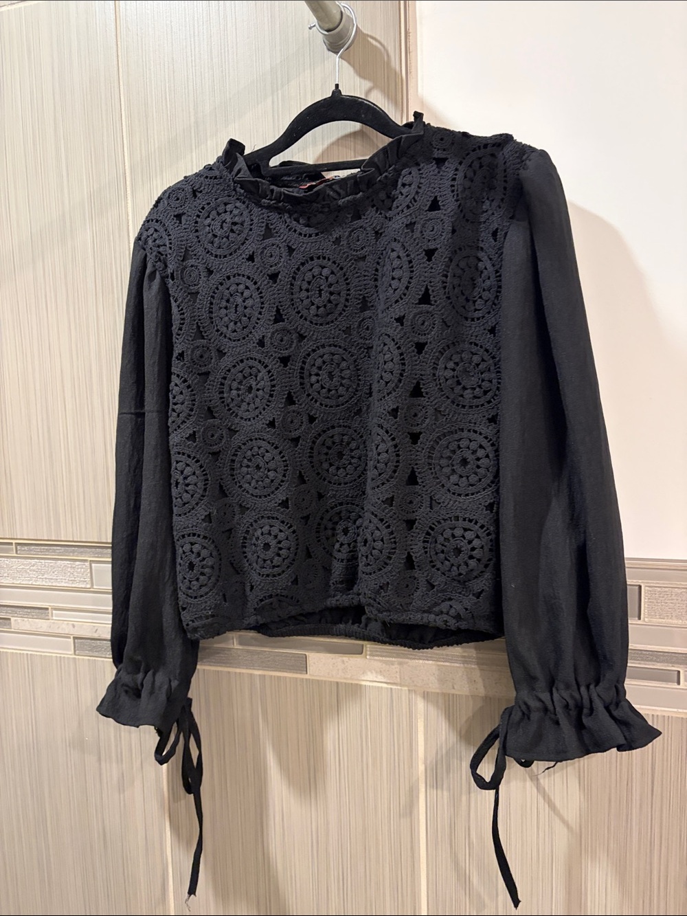 Festivalwear romantic goth Black Ruffle-Neck Long Sleeve Tie-Cuff Blouse